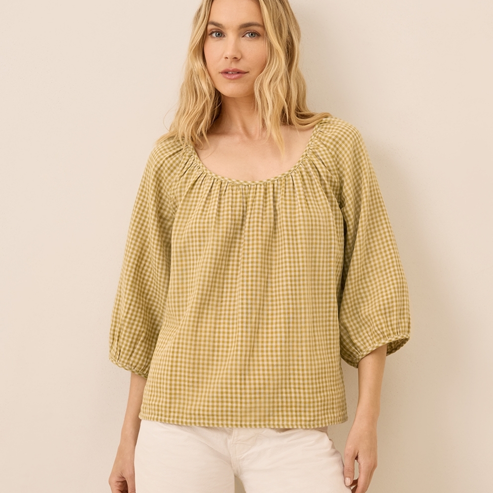 Pact Yellow Gingham Peasant Blouse